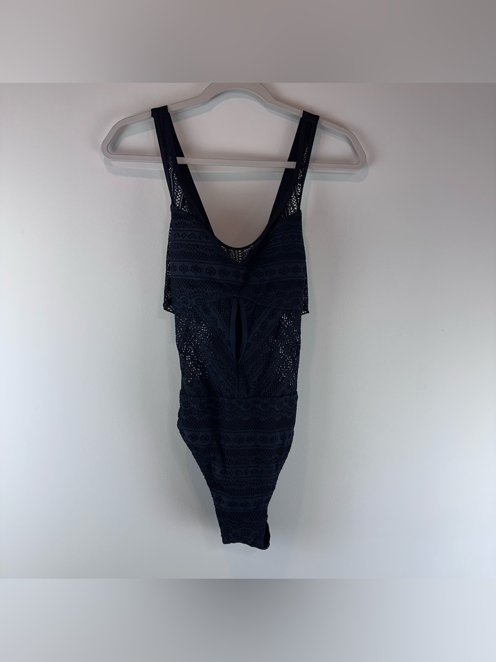 NEW Becca Black Crochet Tie Front Feminine Summer One Piece Swim Suit Large